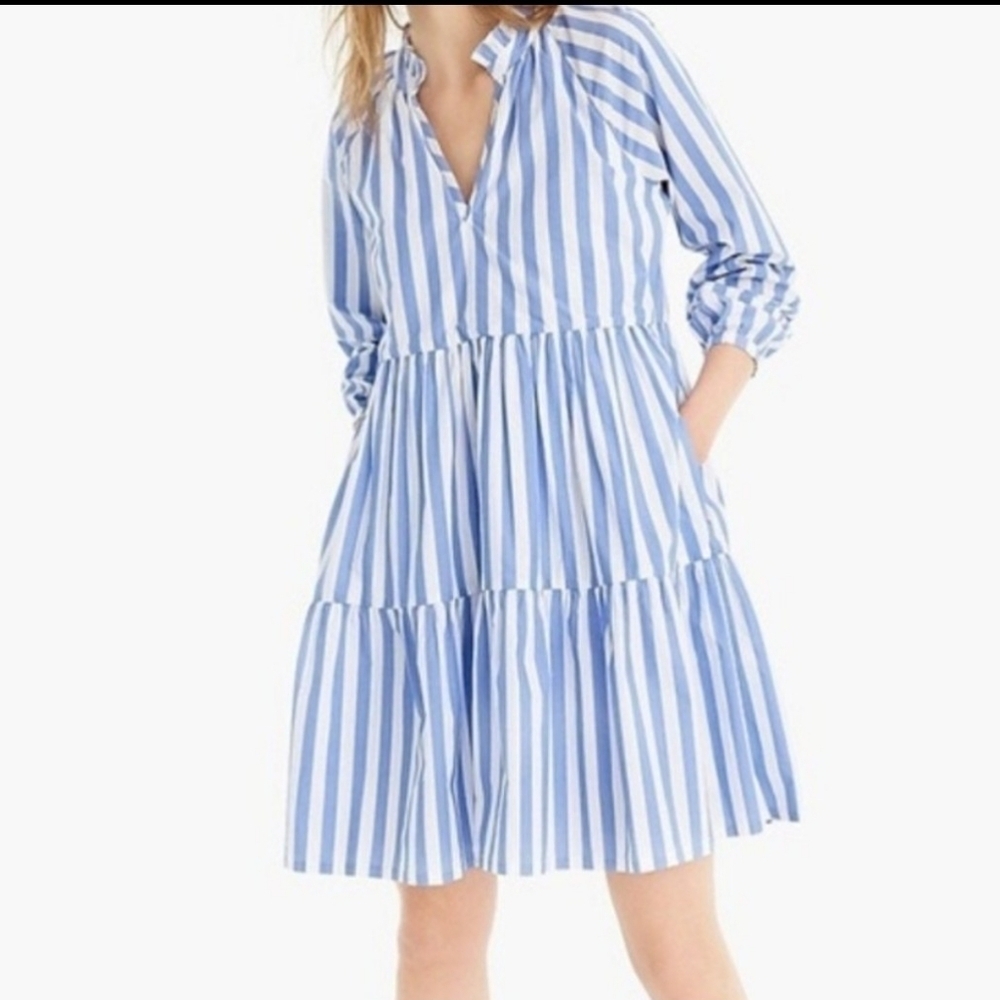 J.crew Tiered Popover Dress in Stripped cotton.